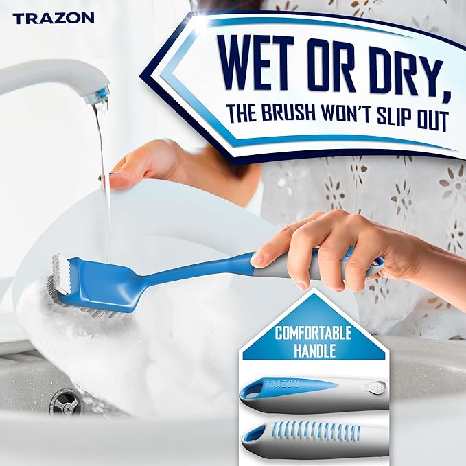 Dish Brush Set of 4 - Kitchen Scrub Brushes with Non-Slip Long Handle for Cleaning, Scrubber, Dishwashing, Dishes, Bottles, Straws, Cups, Pots & Sink, Blue