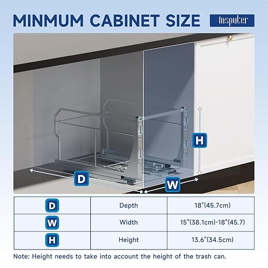 Pull Out Trash Can Under Cabinet with Push to Open Slides, Insputer Heavy Duty Under Sink Garbage Can Kit for Kitchen, Laundry, Not Included Bin, Requires 15" W X 18" D Cabinet, has Installation video