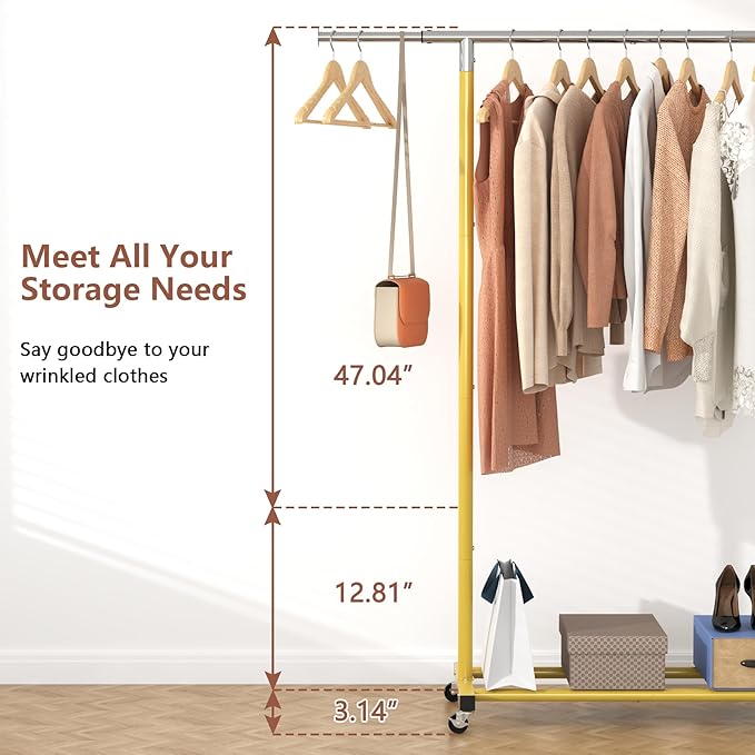 JIUYOTREE Rolling Clothes Rack with Shelf Clothing Garment Rack with Wheels Width Adjustable Clothing Organizer for Hanging Clothes Shirts Pants Skirts and Bags Gold