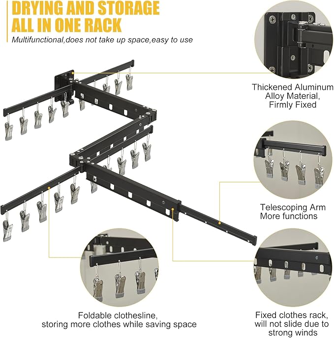 BESy Tri-Fold Foldable Clothes Drying Rack Retractable Hanging Collapsible Dryer Hanger Racks for Laundry Balcony Bathroom Space Saver Outdoor Indoor 20 Clips Aluminum Alloy Wall Mounted Matte Black