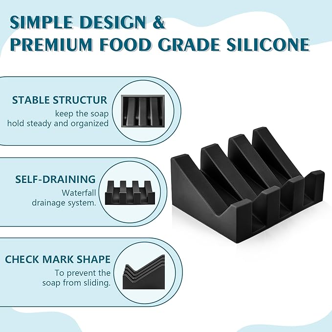 Self Draining Soap Dish Holder,Silicone Soap Dish,for Bathroom,Kitchen, Sponges，Can Extend Soap Life，Keep Soap Bars Dry and Easy Cleaning (Black,1-Pack)