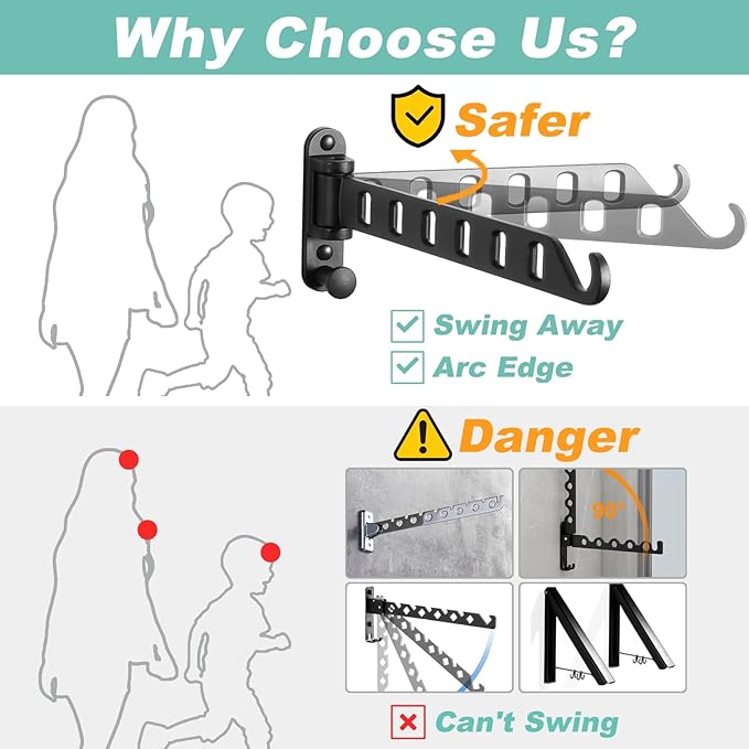 Laundry Drying Rack - Wall Mounted Clothes Hanger with Swing Arm, 6-Hole Laundry Hanger & Swivel Hanging Bar, Foldable Valet Hook, Laundry Room Closet, Sturdy Aluminum (2-Pack, Black)