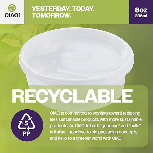 CIAO! 8OZ PP Injection Molded Soup-Deli Container with LLDPE Lid, Microwavable and BPA Free (240/240 combo pack)