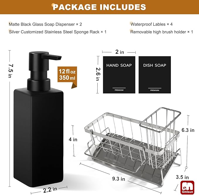 GMISUN Dish Soap Dispenser for Kitchen, 12 fl oz Matte Black Kitchen Soap Dispenser with Silver Sponge Holder, Customized Removable Soap Dispensers Set, Modern Hand and Dish Soap Dispensers Set