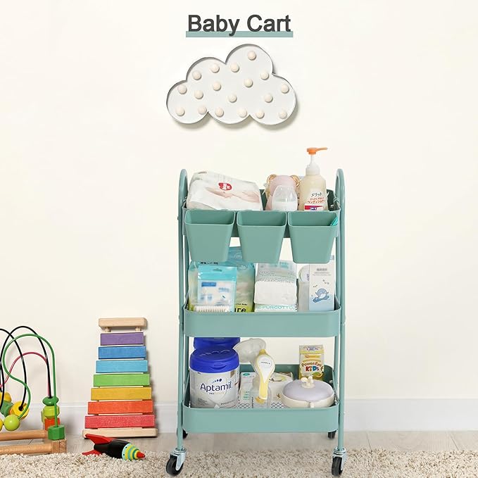 danpinera 3-Tier Rolling Cart, Metal Rolling Storage Cart with Lockable Wheels & Hanging Cups & Hooks, Mobile Trolley for Kitchen, Bathroom, Office, Workshop, Green