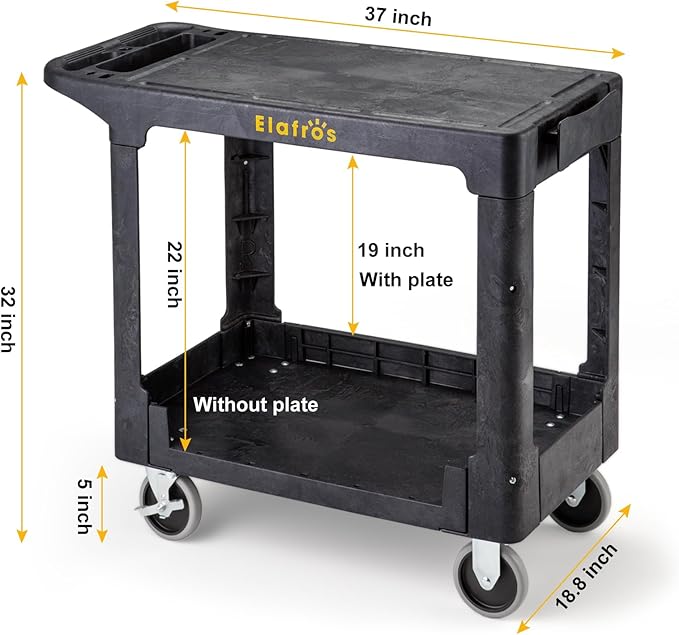 ELAFROS Heavy Duty Plastic Utility Cart Flat top 37 x 18.8 Inch - Work Cart Flat Shelves and 2 Fixed 2 Swivel Wheels Safely Holds up to 550 lbs - 2 Tier Service Cart for Warehouse,Garage, Black