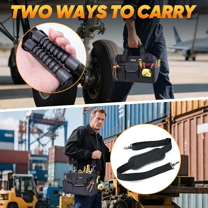 TICONN Heavy Duty Tool Bag with Multi-Pockets, Portable Tool Box Organizer Storage Bag, with Adjustable Shoulder Strap and Ergonomic Handle (Black, 14" Standard Base)