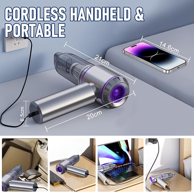Car Vacuum Portable Cordless 20000PA High Power Mini Vacuum Cleaner 4-in-1 Compressed Air Duster & Air Blower & Pump Hand Held Vacuum with Brushless Motor for Car, Home, Office,Camping