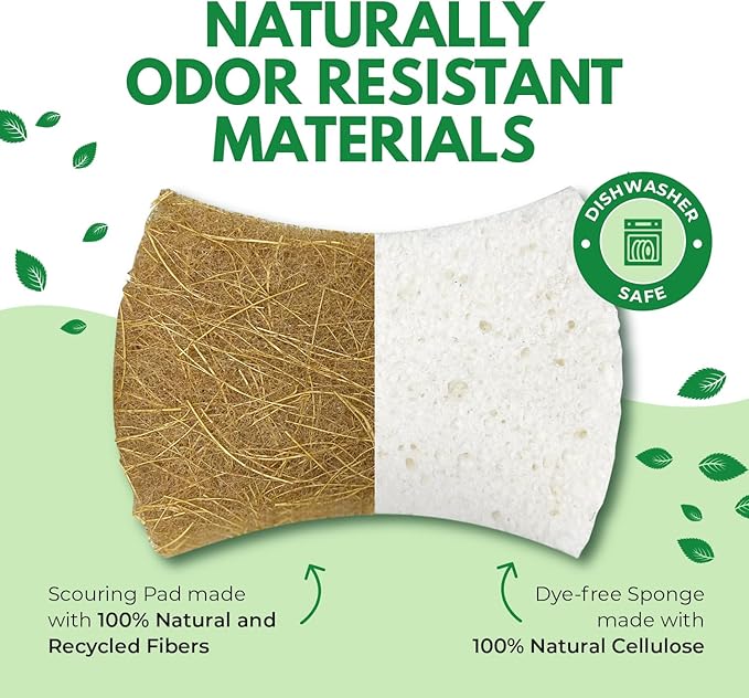 Biodegradable Natural Dish Sponges - Coconut and Cellulose - Eco Friendly Non-Scratch Heavy Duty Dish Scrubber - Pack of 12