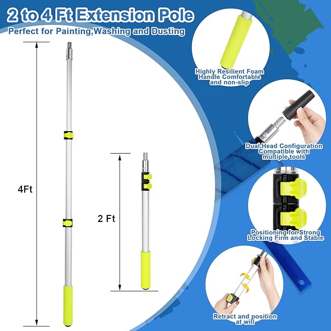 Paint Roller Kit with Extension Pole, 27 Piece Set, 2 to 4 Ft Pole, 4"9" Paint Rollers, Paint Brushes Set for Professional Painting,House Paint Roller for All Latex and Oil Paints & Stains