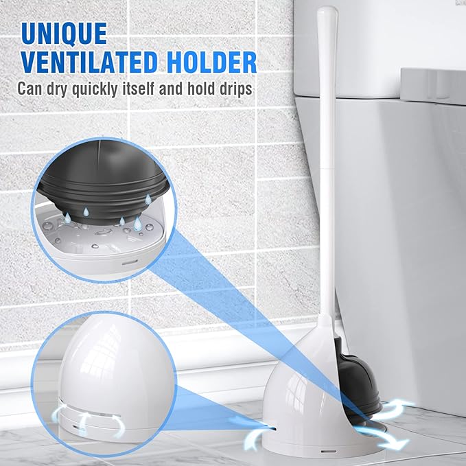 uptronic 2 Pack Toilet Plunger with Holder, Unique Plunger with All-Angle Design, Plungers for Bathroom for 5.7-inch Toilet Drain, Toilet Plunger Heavy Duty- White