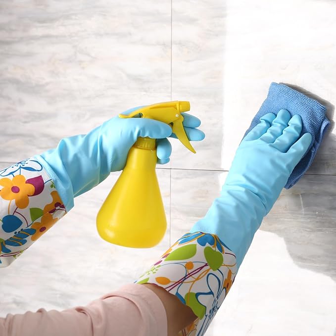 Bamllum 3 Pairs Rubber Cleaning Gloves, Household Kitchen Dishwashing Gloves with Cotton Flocked Liner, Long Cuff 16 Inches (Blue+Yellow+White, Medium)