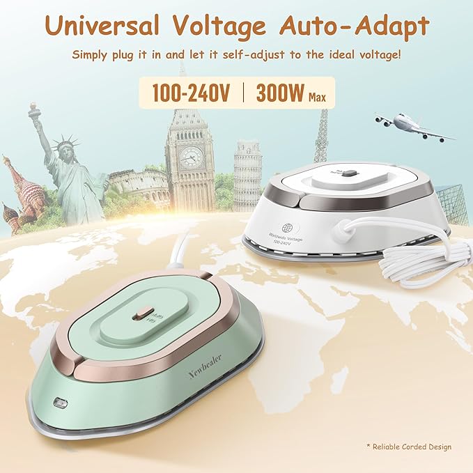Newbealer Travel Iron with Global Voltage, 100-240V Mini Dry Iron for Clothes (No Steam), Max 300W, 60s Heat Up, 302℉ Non-Stick Ceramic Soleplate, 0.8lbs Ultra-Lightweight (Green)