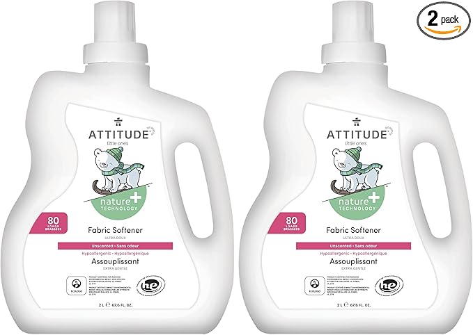 ATTITUDE Baby Fabric Softener, Plant and Mineral-Based Ingredients, HE Compatible, Vegan and Cruelty-free Laundry and Household Products, Unscented, 80 Loads, 67.6 Fl Oz (Pack of 2)