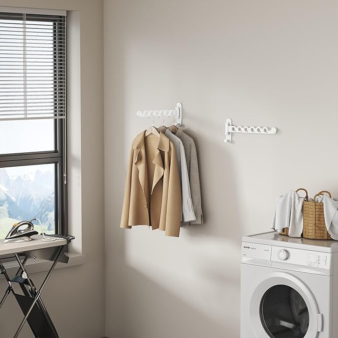 Wall Mounted Clothes Hanger Rack Foldable Drying Rack Hook Folding Indoor for Laundry Room Organization Bedroom Collapsible Racks Perfect for Small Spaces, 6 Hole White 2 Packs