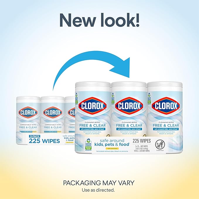 Clorox Free & Clear Cleaning Wipes, Light Lemon Scent, 75 Count, Pack of 3 (Pack May Vary)