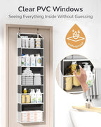 ULG 1-Pack Over Door Organizer with 5 Large Pockets 10 Mesh Side Pockets, 44 lbs Weight Capacity Hanging Storage Organizer with Clear Window for Bedroom Bathroom, RV, Clear Dark Grey