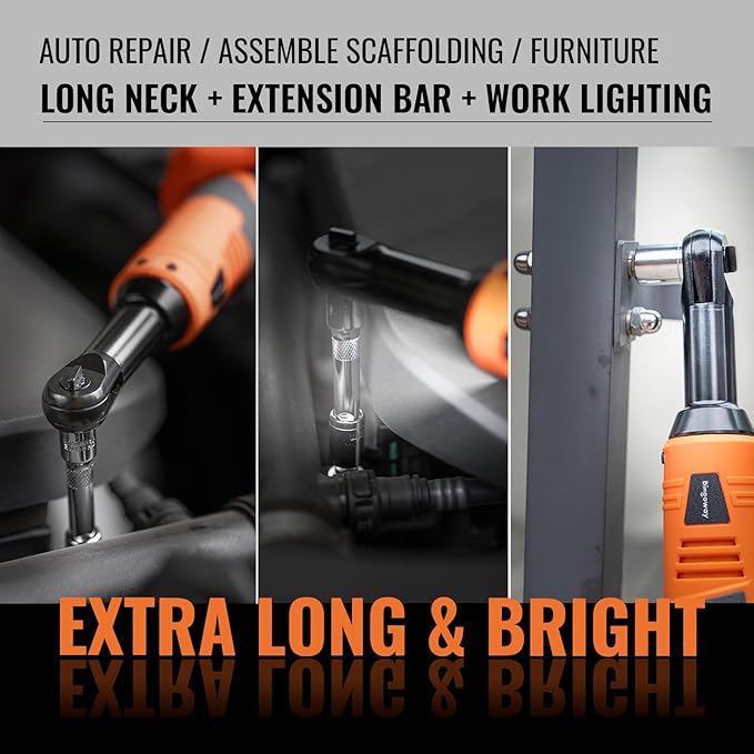 3/8" Extended Electric Ratchet Wrench Set, 45ft-lbs(61N.m) 16V Cordless Long Neck Power Ratchet Wrench Kit with 2pcs Batteries, LED Light, 9 Sockets, Toolbox, Variable Speed, For Housework, Car Repair