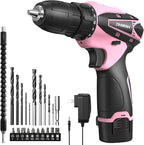 Cordless Drill Set, 12V Power Drill Kit with Battery and Charger, 3/8" Keyless Chuck, 25+1 Torque Setting, Built-in LED, Electric Driver Tool for Home DIY Projects (Pink)