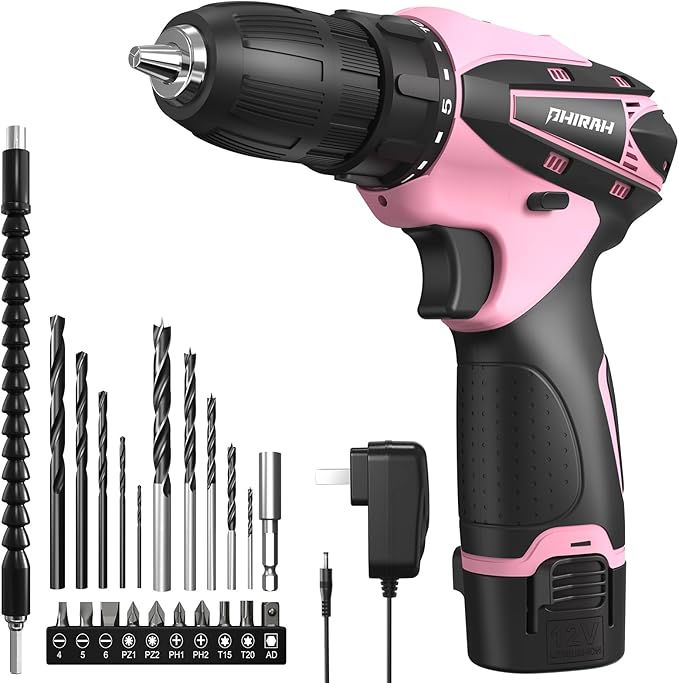 Cordless Drill Set, 12V Power Drill Kit with Battery and Charger, 3/8" Keyless Chuck, 25+1 Torque Setting, Built-in LED, Electric Driver Tool for Home DIY Projects (Pink)