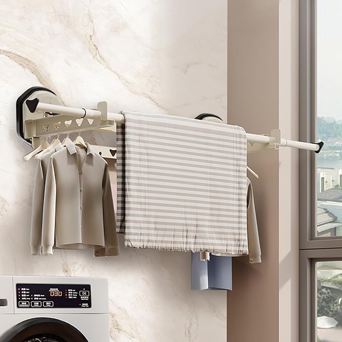 Extendable Clothing Dryer Rack, Invisible Folding Storage, Wall Mounted Drying Rack, Strong Suction Power, for Bed Linen, Clothing, Foldable Bathroom Wall Shelf (Milky White)
