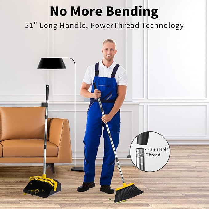 Broom with Dustpan Combo Set, Brooms and Dustpans Sets with 51'' Long Handle, Large Dust Pan and Broom, Self-Cleaning Dustpan Teeth for Lobby Kitchen Office - Black and Yellow
