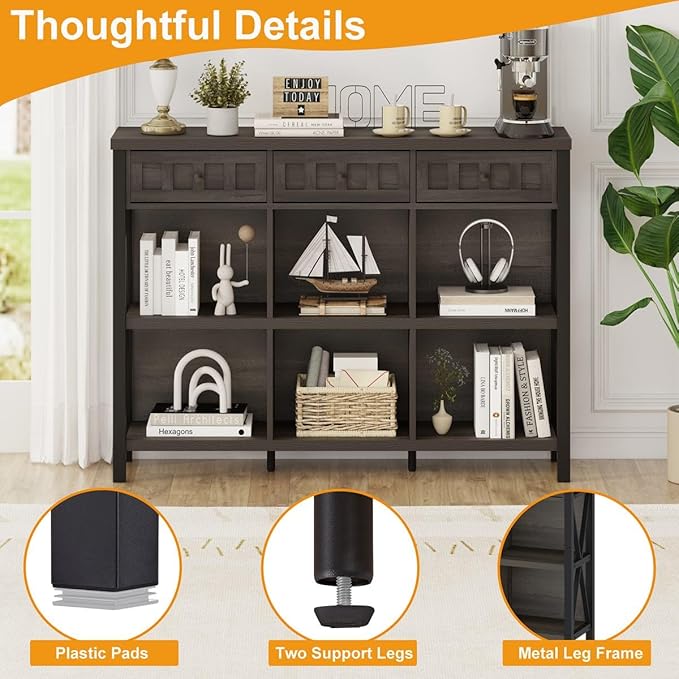 FATORRI Rustic 6 Cube Storage Organizer Bookshelf with 3 Drawers, Short Low Horizontal Bookshelf for Living Room, Industrial Wood and Metal Cubby Bookcase for Home Office (Walnut Brown, 47 Inch)