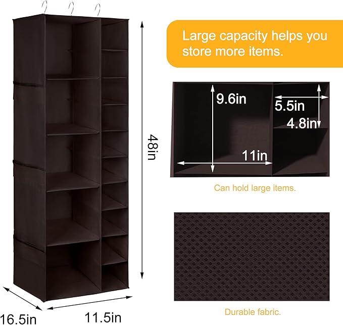 Libeder Shoe Organizer for Closet, 15 Shelf Hanging Closet Storage Shelves - 10 Shoe Rack Organizer and 5 Compartment for Clothes with 6 Side Mesh Pockets for Scarf, Socks,Gloves Coffee