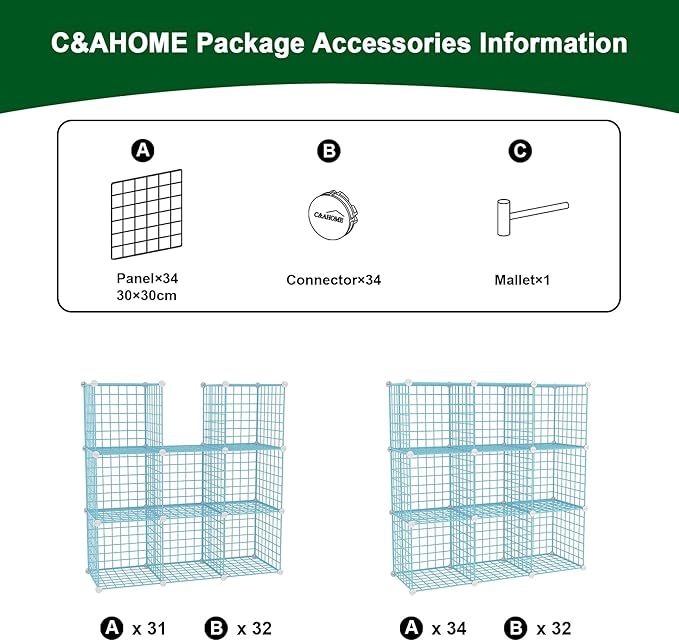 C&AHOME Wire Cube Storage, 9 - Cube Organizer Metal C Grids, Modular Shelves Units, Closet Organizer, Ideal for Home, Office, Living Room, 36.6”L x 12.4”W x 48.4”H, Blue UWCS3009B