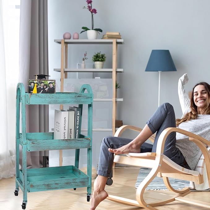 3-Tier Rolling Utility Cart with Lockable Wheels Storage Slim Storage Heavy Duty Cart Mobile Shelving Unit Craft Narrow Organizer for Bathroom Laundry Kitchen (Vintage Blue)