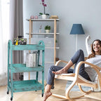 3-Tier Rolling Utility Cart with Lockable Wheels Storage Slim Storage Heavy Duty Cart Mobile Shelving Unit Craft Narrow Organizer for Bathroom Laundry Kitchen (Vintage Blue)