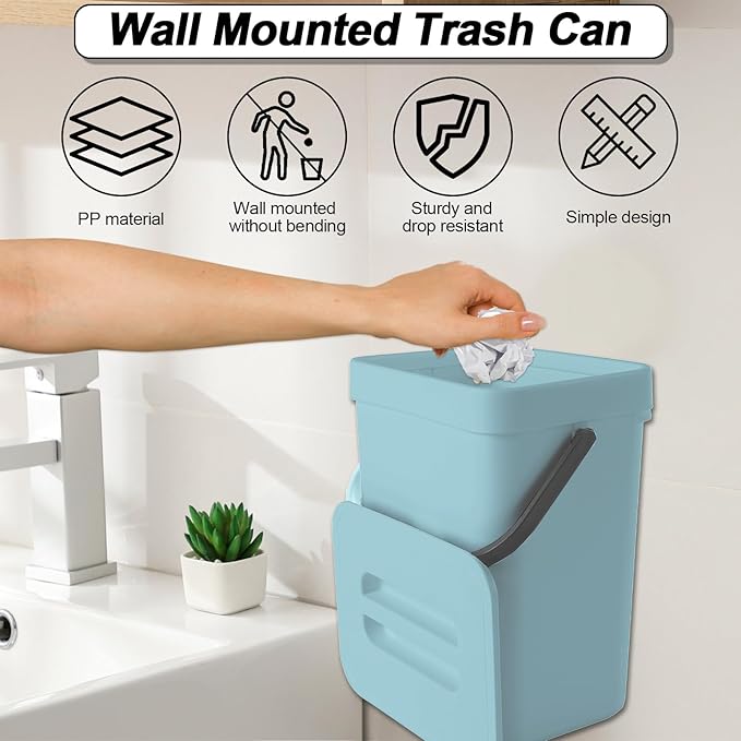 Compost Bin Kitchen, Bring 5 Rolls (100) of Garbage Bags, for Use on Countertops or Under Sinks, Hanging Trash Can with Lid, for Cupboard/Bathroom/Bedroom/Office/Camping(Bule 1.3 Gallon/5L)