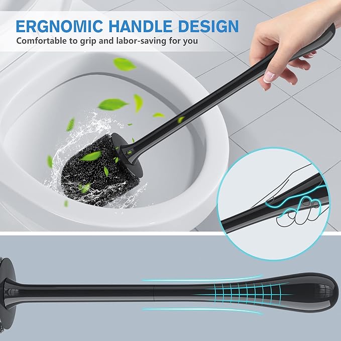 Toilet Brush 2 Pack, Toilet Bowl Brush with Ventilated Holder and Ergonomic Long Handle, Durable Bristles Toilet Scrubber Set for Bathroom Cleaning(Black)