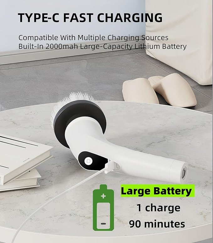 Electric Spin Scrubber Cordless - 8 Brush Heads, 5-Speed Settings, Adjustable Extension Handle for Bathroom, Kitchen, Tile, Bathtub & Floor Cleaning