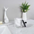 Clear Transparent Apothecary Ribbed Geometric Etched Glass Jar W/Matte Black Metal Lid Cover for Bathroom Organization, Cotton Balls, Q Tips, and Small Accessories, Bathroom Storage