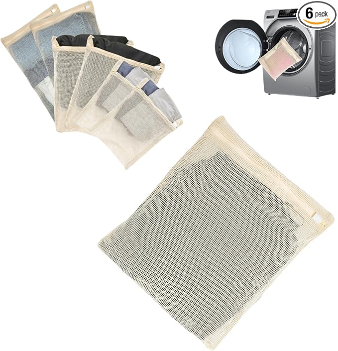 Mesh Laundry Bags Delicates: Laundry Bags Mesh Wash bags - Durable Cotton Garment Bag with Sturdy Zipper for Washing Machine Lingerie Clothes Pants Shoes & Socks Beige(6 PCS)