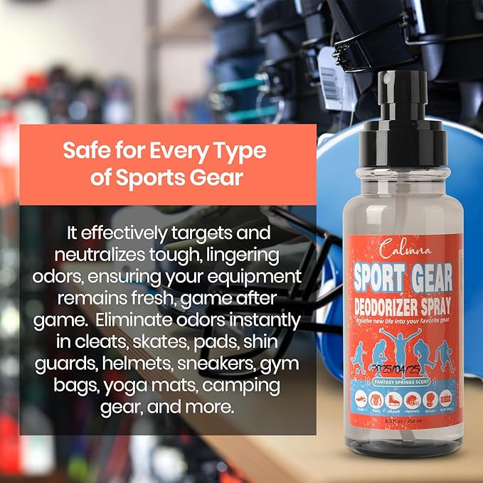(2-Pack) Calvana 8.5 fl. oz Sports Equipment Deodorizer Spray, Heavy-Duty Odor Eliminator for Helmet, Hockey & Gym Bag, Boxing Glove, Work Boot, and Athletic Gear, Travel-Friendly, Total 17 fl.oz