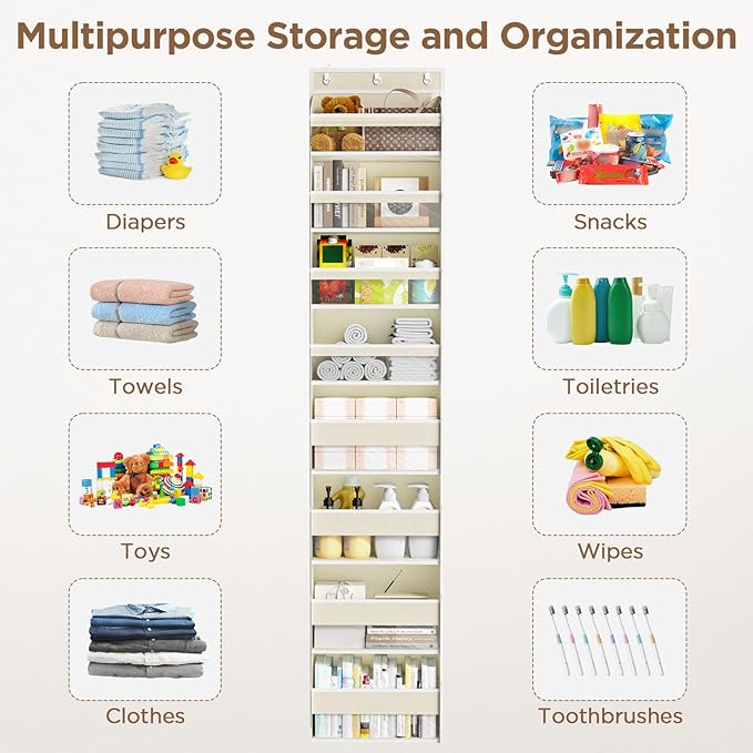 Over The Door Organizer, 8 Shelf Door Hanging Organizers with 8 Large Capacity Pockets, Back of Door Organizer Storage Hanging Shelves for Closet Bathroom Bedroom Nursery