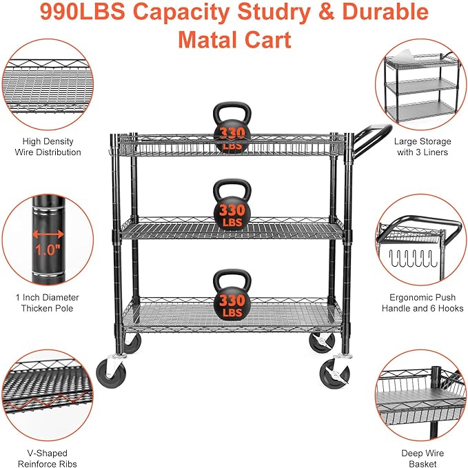 Heavy Duty Utility Cart, 990Lbs Capacity 3 Tier Rolling Carts with Wheels, Kitchen Cart on Wheels with Storage, Commercial Grade Metal Serving Carts with Wire Shelving &Handle Bar, Black