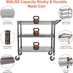 Heavy Duty Utility Cart, 990Lbs Capacity 3 Tier Rolling Carts with Wheels, Kitchen Cart on Wheels with Storage, Commercial Grade Metal Serving Carts with Wire Shelving &Handle Bar, Black