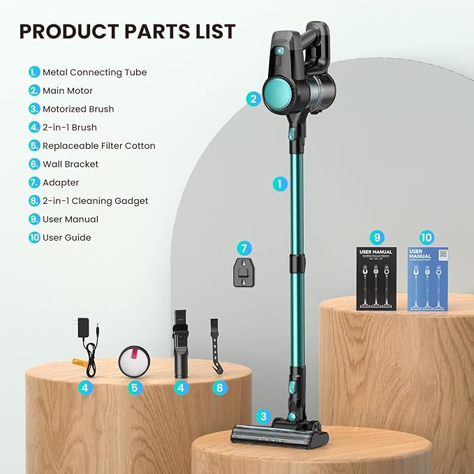 N3T Cordless Vacuum Cleaner,Wireless Stick Vacuum with 40mins Runtime,Self-Standing,Anti-Tangle Brush,Rechargeable Lightweight Vacuum Cleaner for Home,Hardwood Floor,Pet Hair, Carpet-Green