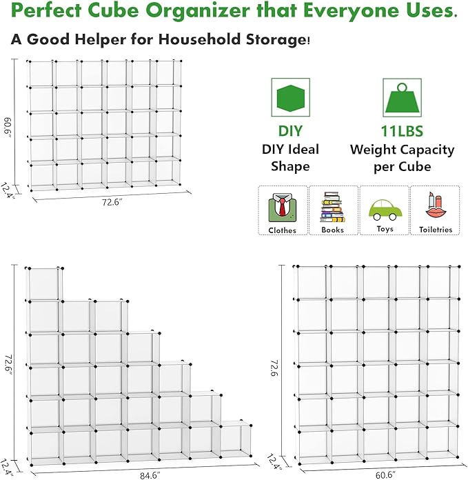C&AHOME Cube Storage Organizer, 30-Cube Shelves Units, Closet Cabinet, DIY Plastic Modular Book Shelf, Ideal for Bedroom, Living Room, Office, 60.6" L x 12.4" W x 72.6" H Transparent White UPCS30W