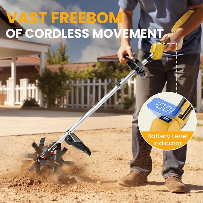 Cordless Tiller Cultivator, 21V 450RPM Electric Tiller with Battery Level Display, 2 * 4.0Ah Batteries & Charger, Tiller for Gardening, Lawn, Soil (Cultivation Width 10"/ Depth 9")