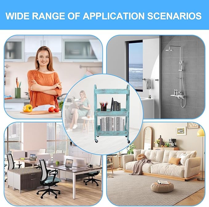 3-Tier Rolling Utility Cart with Lockable Wheels Storage Slim Storage Heavy Duty Cart Mobile Shelving Unit Craft Narrow Organizer for Bathroom Laundry Kitchen (Vintage Blue)