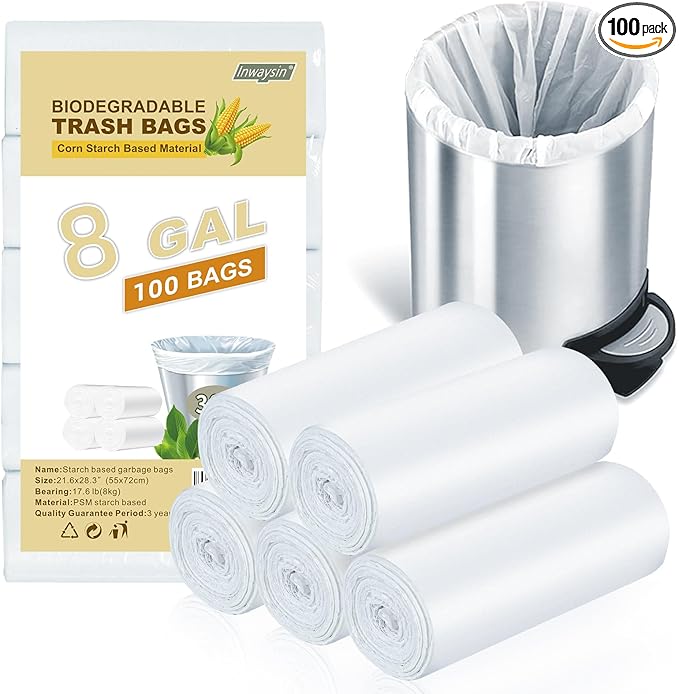 Medium Trash Bags 8-Gallon Compostable-Garbage-Bag - 100 Counts Clear White Tall Kitchen Unscented Biodegradable Thick Strong Compactor Waste Basket Liners for Bathroom Restroom Inwaysin