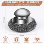 4pcs Steel Wool Scrubber with Replacement Wire Sponge Pads Set, Stainless Steel Scrubber with Handle for Scouring Stubborn Messes from Cast Iron, Pots, Pans, Grill, Stoves, Sink(2 Scrubber+2 Pads)