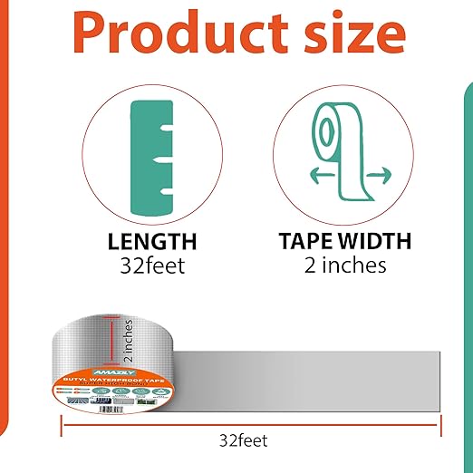 Premium 2in x 32ft Butyl Waterproof Tape - Duct Pipe Sealant Tape Repair Seal Leak Pipe Aluminium Rubber Sealer Window Silicon Metal Silicon Sealing Adhesive Roof