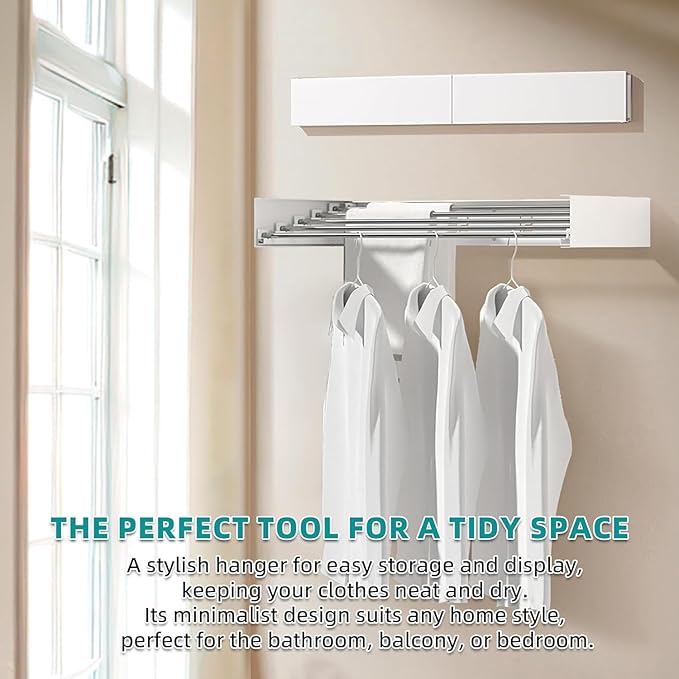 Laundry Drying Rack Collapsible, Wall Mounted Clothes Drying Rack. 31.5" Wide, 13.1 Linear Ft, 5 Aluminum Rods, with Wall Template, Screwdriver Bit(White)