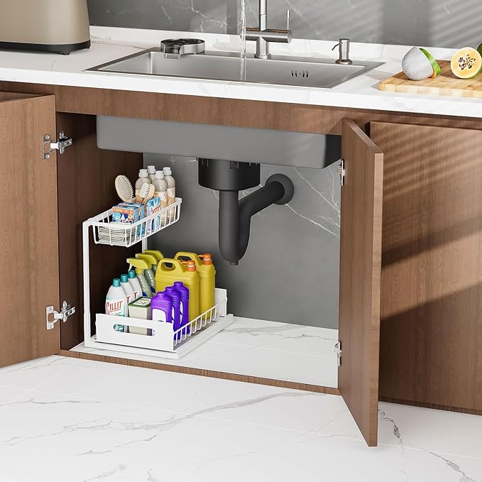 Under Sink Organizers and Storage 2 Tier Slide Out Kitchen Cabinet Organizer Sturdy Metal Bathroom Storage (White, 1 Pack)