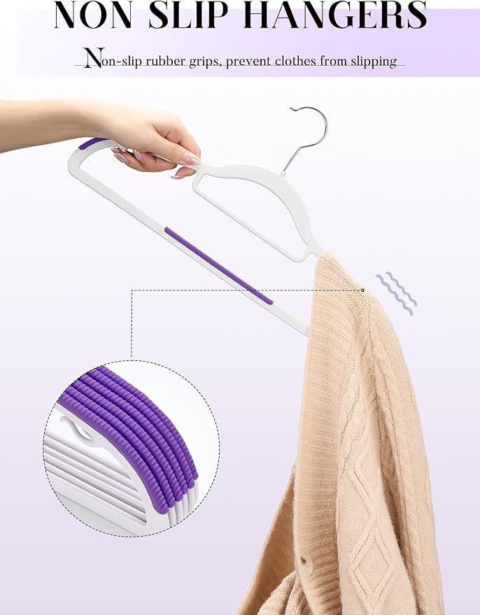 HOUSE DAY Plastic Hangers 100 Pack, White Clothes Hangers with Non Slip Purple TPR Grip, Heavy Duty Coat Hanger with 360º Swivel Hook, Slim Hanger Space Saving for Closet, Ideal for Shirt, Suit, Pant